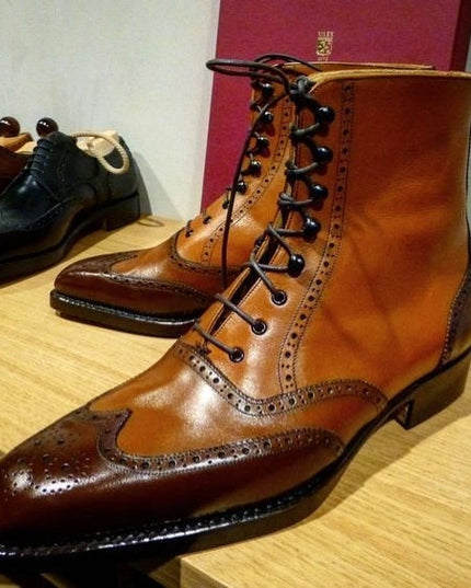 Men's Dual Tone Brown Leather Ankle High Wingtip Boots