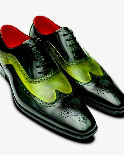 Men's Dual Tone Green Leather Wingtip Brogue Oxfords