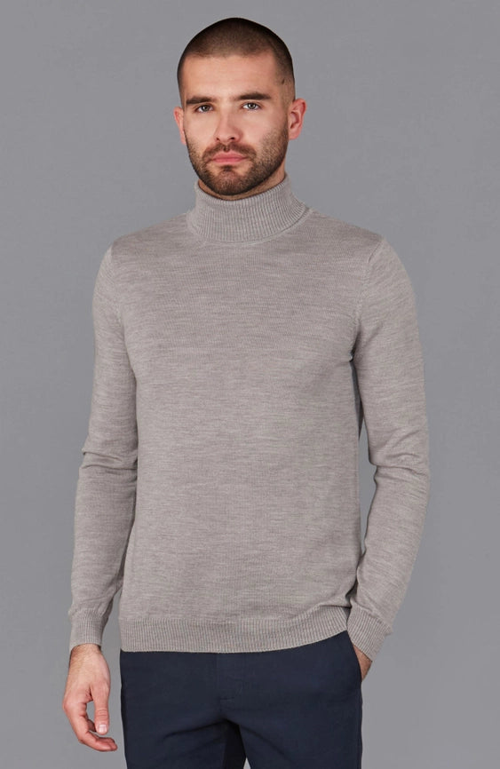 Mens Extra Fine Merino Wool Roll Neck Jumper Barley