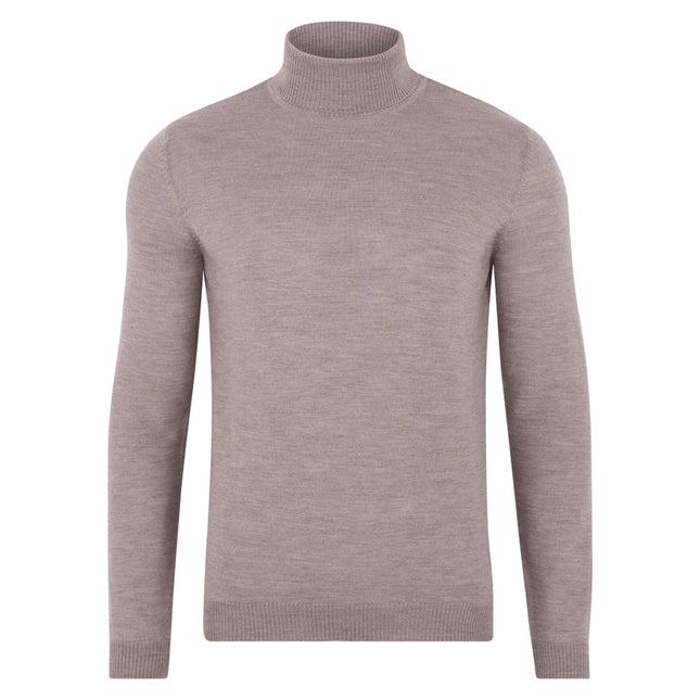 Mens Extra Fine Merino Wool Roll Neck Jumper Barley