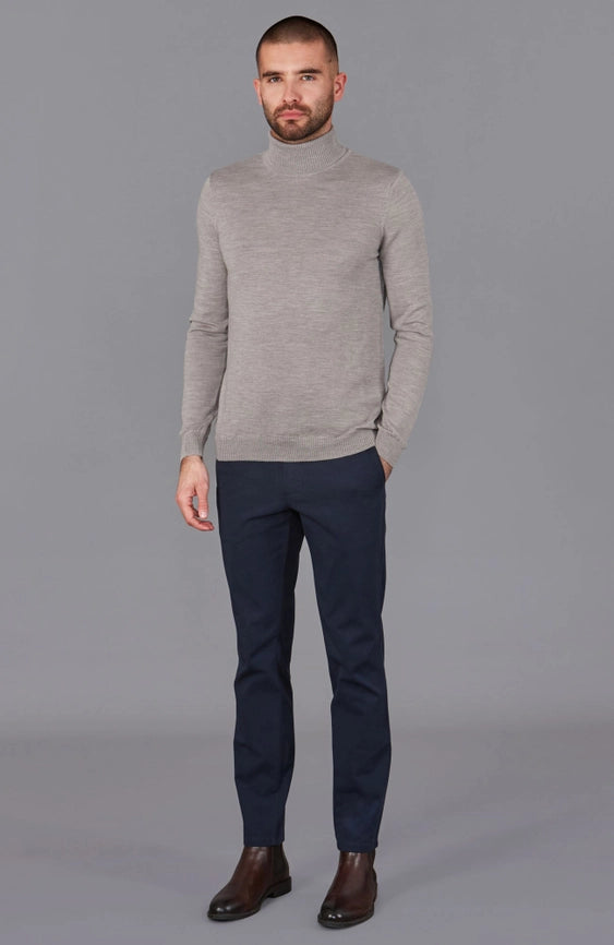 Mens Extra Fine Merino Wool Roll Neck Jumper Barley