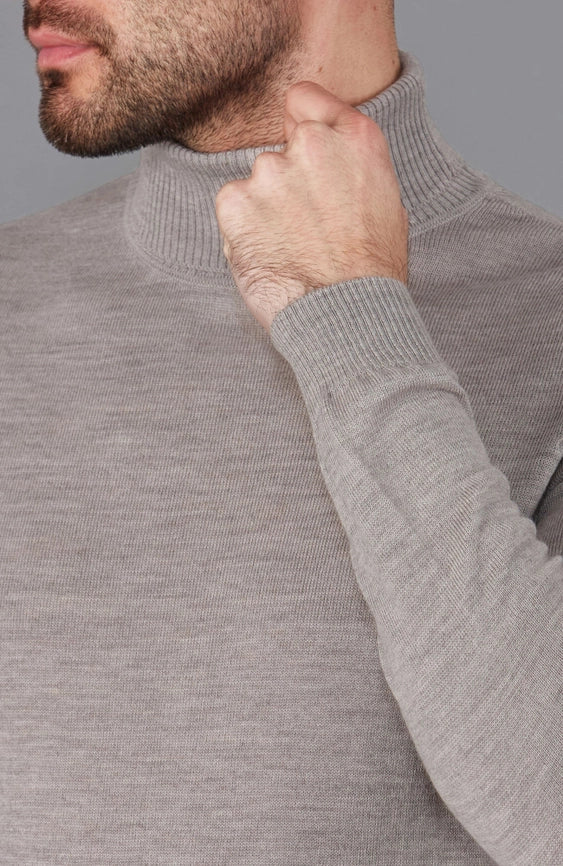 Mens Extra Fine Merino Wool Roll Neck Jumper Barley