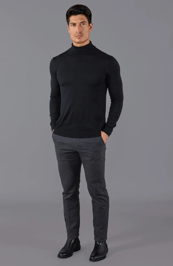 Mens Extra Fine Merino Wool Roll Neck Jumper Black