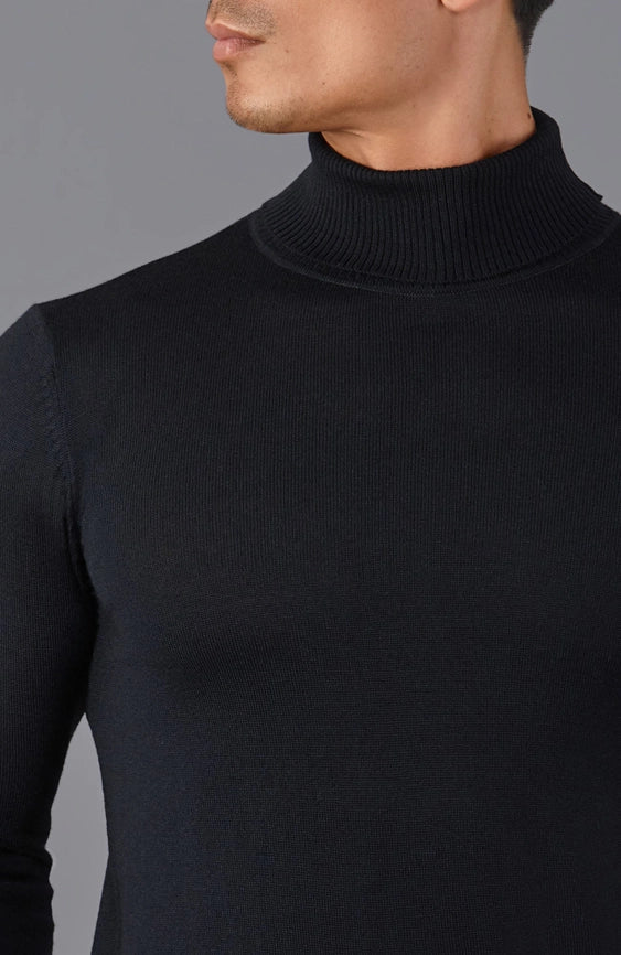 Mens Extra Fine Merino Wool Roll Neck Jumper Black