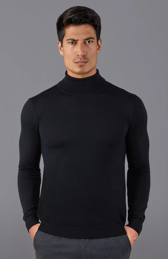 Mens Extra Fine Merino Wool Roll Neck Jumper Black