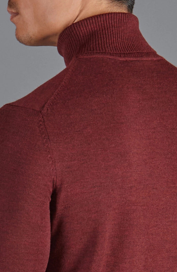 Mens Extra Fine Merino Wool Roll Neck Jumper Burgundy