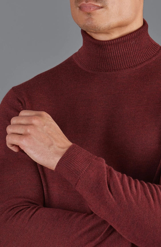 Mens Extra Fine Merino Wool Roll Neck Jumper Burgundy