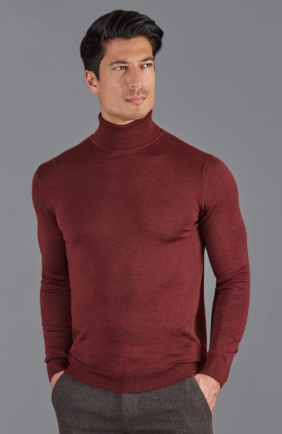 Mens Extra Fine Merino Wool Roll Neck Jumper Burgundy