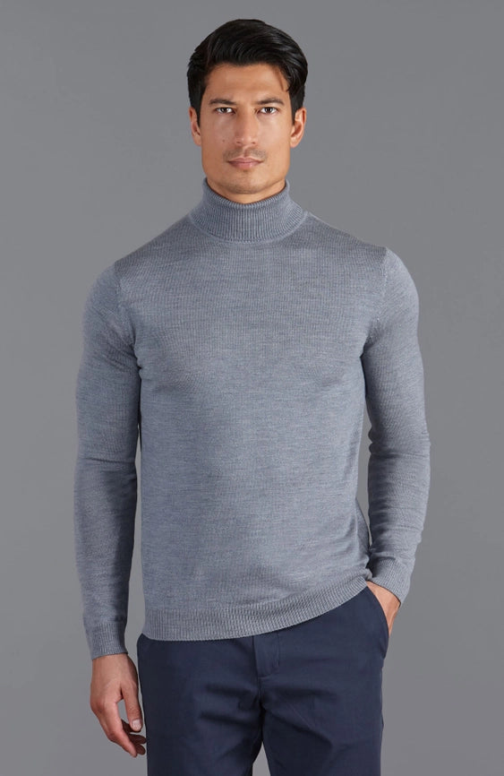 Mens Extra Fine Merino Wool Roll Neck Jumper Mid Grey