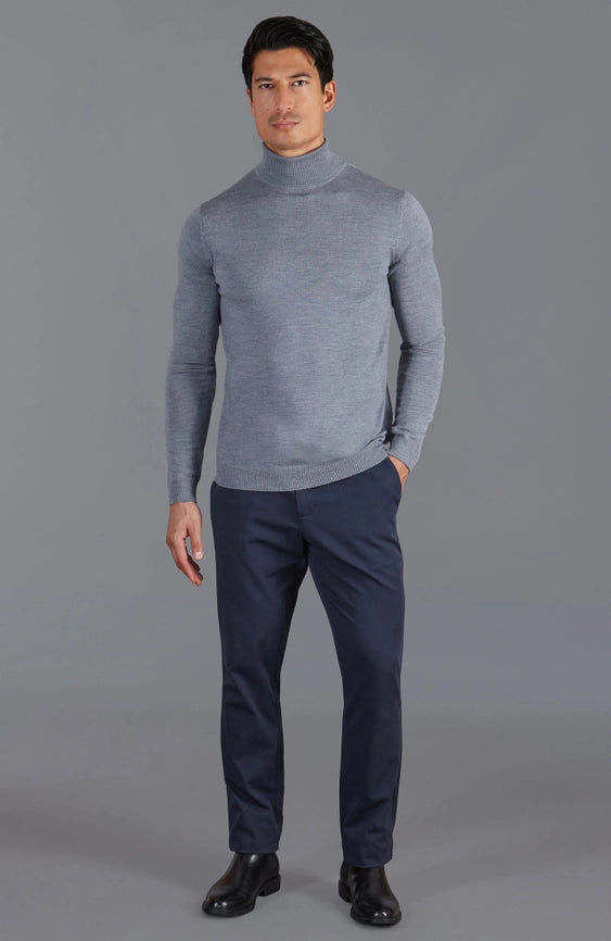 Mens Extra Fine Merino Wool Roll Neck Jumper Mid Grey