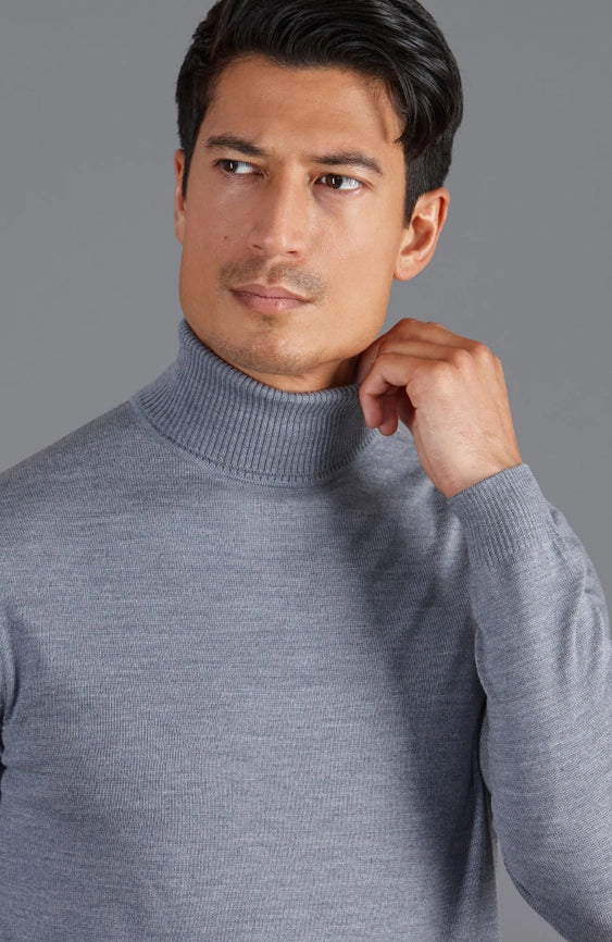 Mens Extra Fine Merino Wool Roll Neck Jumper Mid Grey