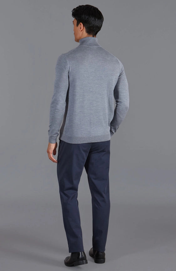 Mens Extra Fine Merino Wool Roll Neck Jumper Mid Grey