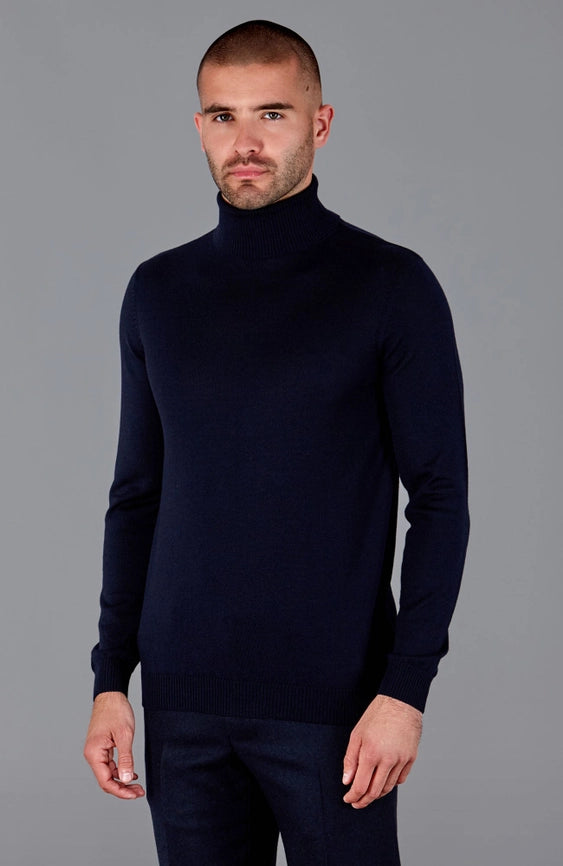 Mens Extra Fine Merino Wool Roll Neck Jumper Navy