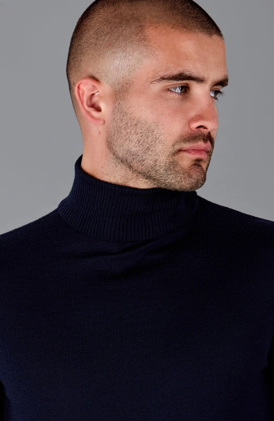 Mens Extra Fine Merino Wool Roll Neck Jumper Navy