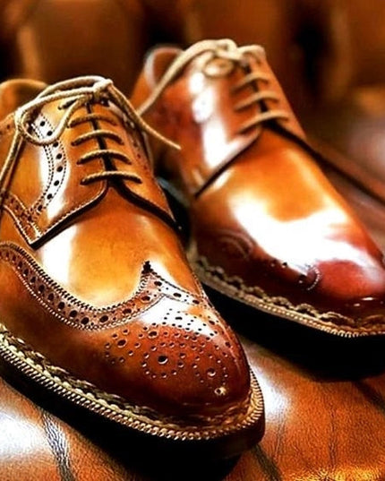 Men's Genuine Tan Leather Wingtip Oxford Shoes