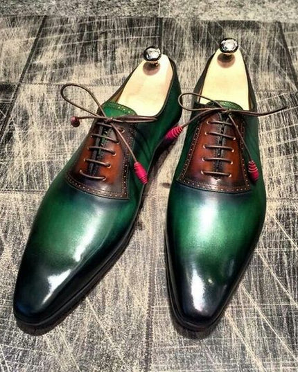 Men's Green & Brown Patina Leather Oxford Shoes