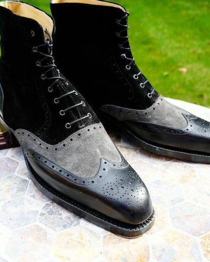 Men's Grey & Black Suede Leather Wingtip Boots