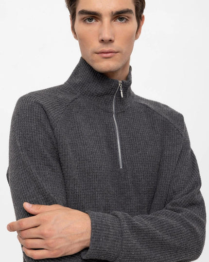 Men's Grey Half Zipper High Collar Sweater