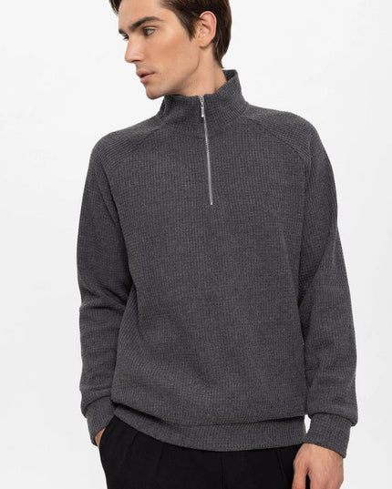 Men's Grey Half Zipper High Collar Sweater