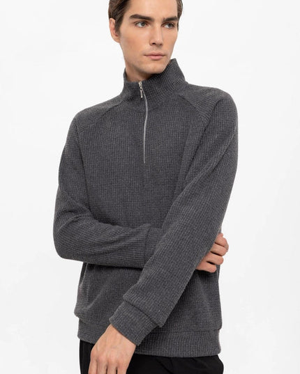 Men's Grey Half Zipper High Collar Sweater