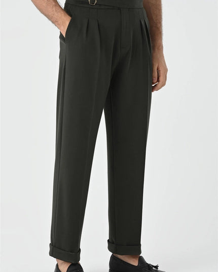 Men's Khaki Buckle Detailed Pleated High Waist Trousers