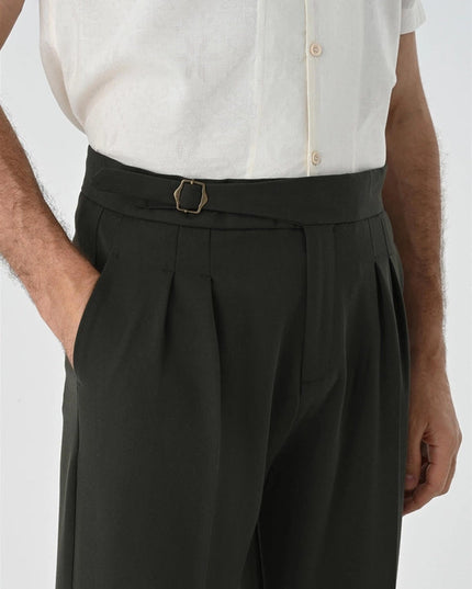 Men's Khaki Buckle Detailed Pleated High Waist Trousers