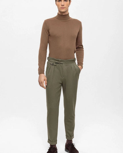 Men's Khaki High Waist Pleated Trousers