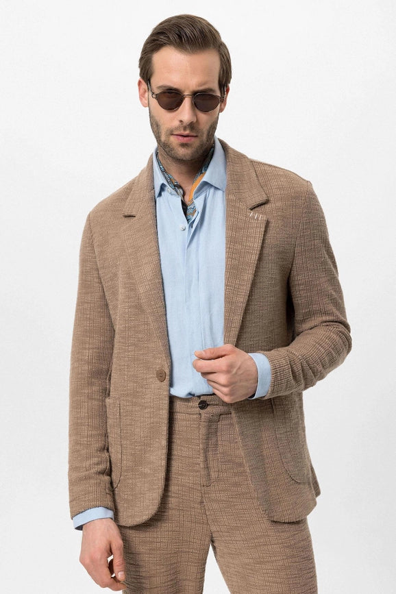 Men's Light Brown Textured Plain Blazer - Wessi