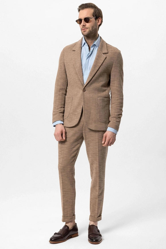 Men's Light Brown Textured Plain Blazer - Wessi