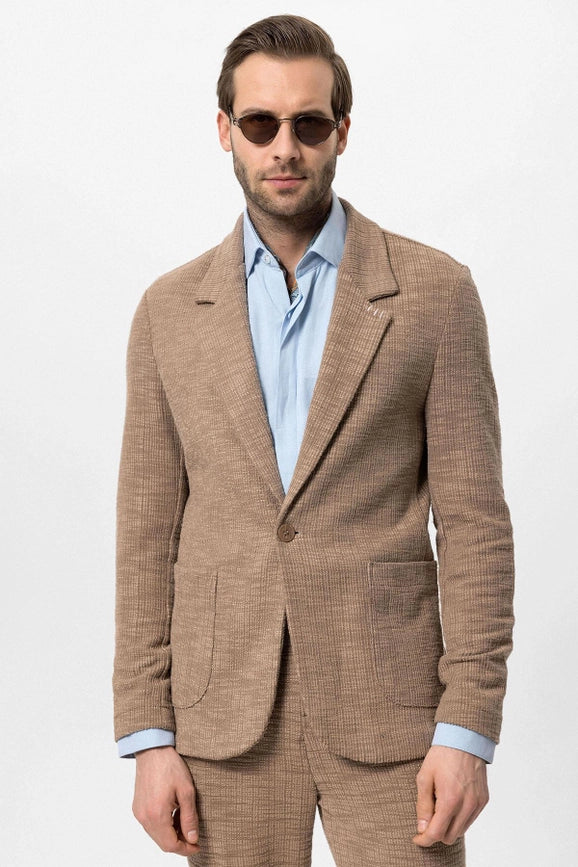 Men's Light Brown Textured Plain Blazer - Wessi