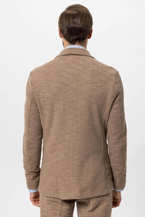 Men's Light Brown Textured Plain Blazer - Wessi