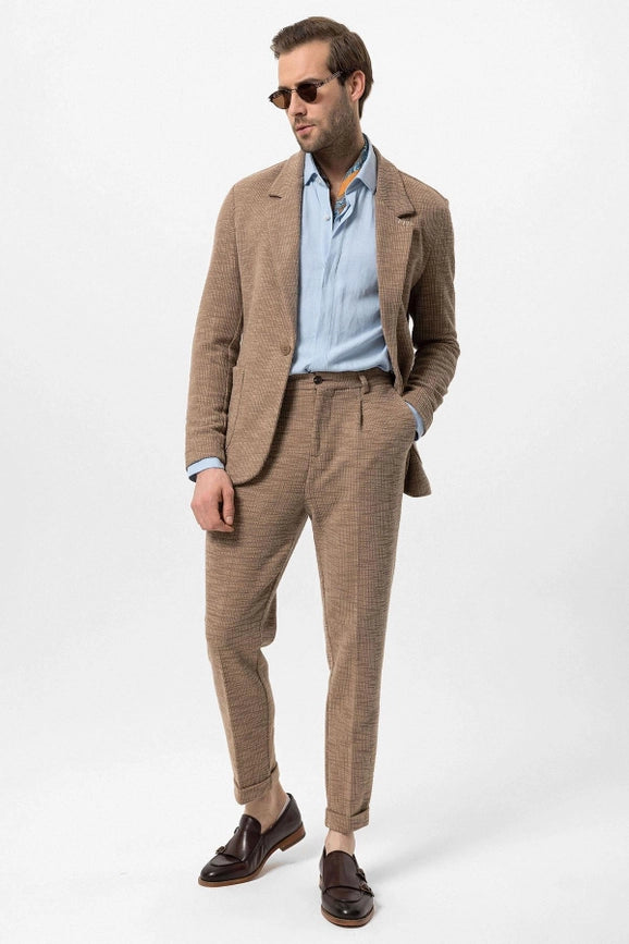 Men's Light Brown Textured Plain Blazer - Wessi