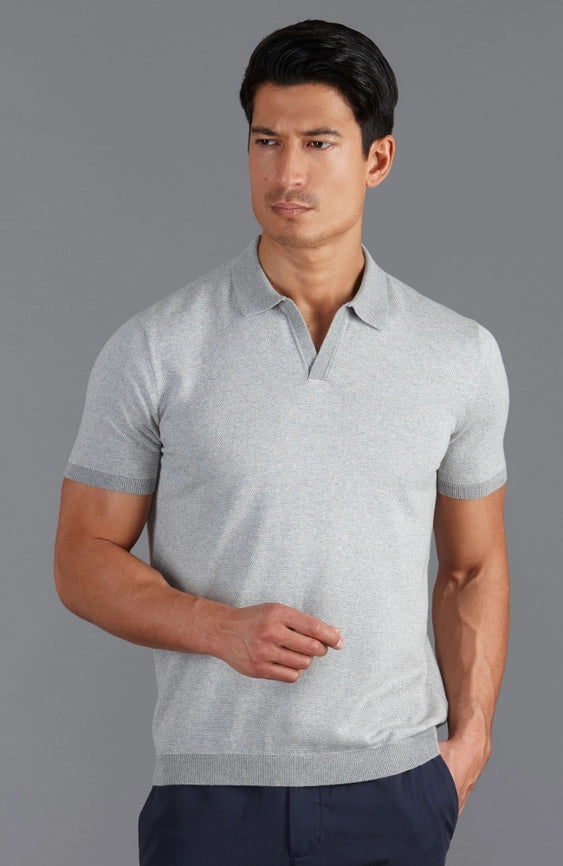 Mens Lightweight Cotton Honeycomb Buttonless Polo Shirt Ash Grey