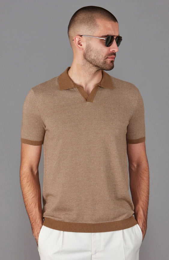 Mens Lightweight Cotton Honeycomb Buttonless Polo Shirt Camel