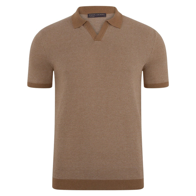 Mens Lightweight Cotton Honeycomb Buttonless Polo Shirt Camel