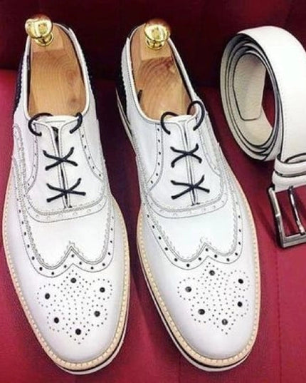 Men's Luxury White & Black Leather Wingtip Oxford Shoes