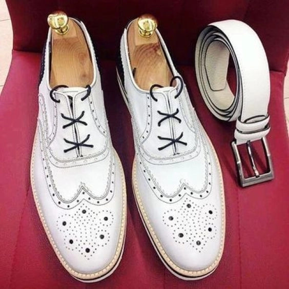 Men's Luxury White & Black Leather Wingtip Oxford Shoes