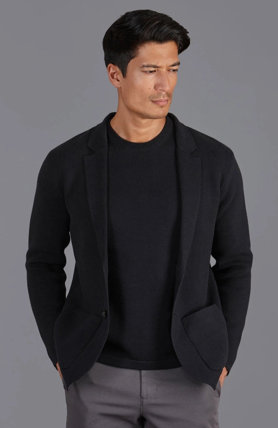 Mens Midweight Cotton Deconstructed Knitted Blazer Black