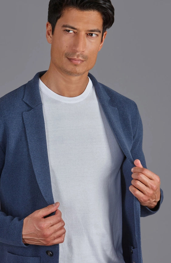 Mens Midweight Cotton Deconstructed Knitted Blazer  Blue Melange