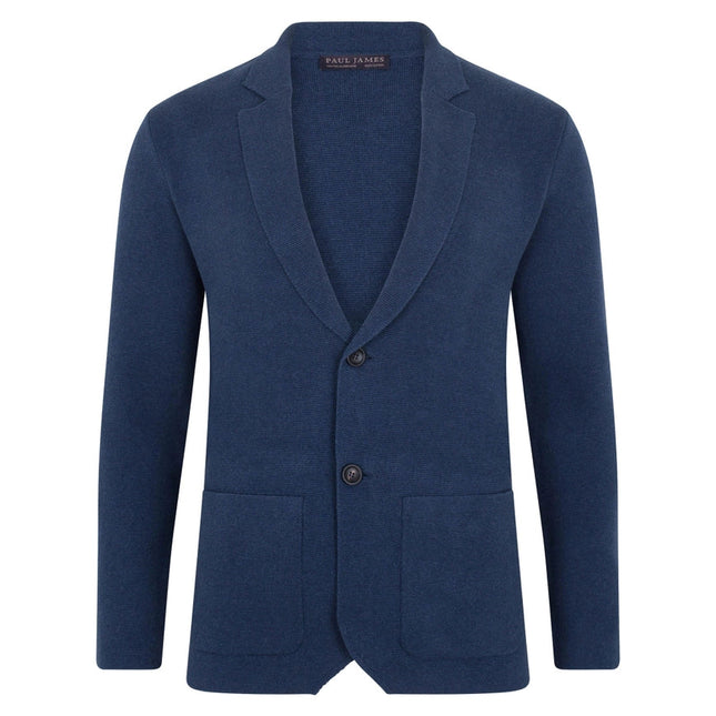 Mens Midweight Cotton Deconstructed Knitted Blazer  Blue Melange