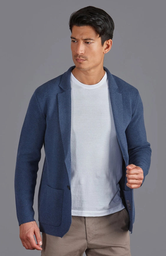 Mens Midweight Cotton Deconstructed Knitted Blazer  Blue Melange