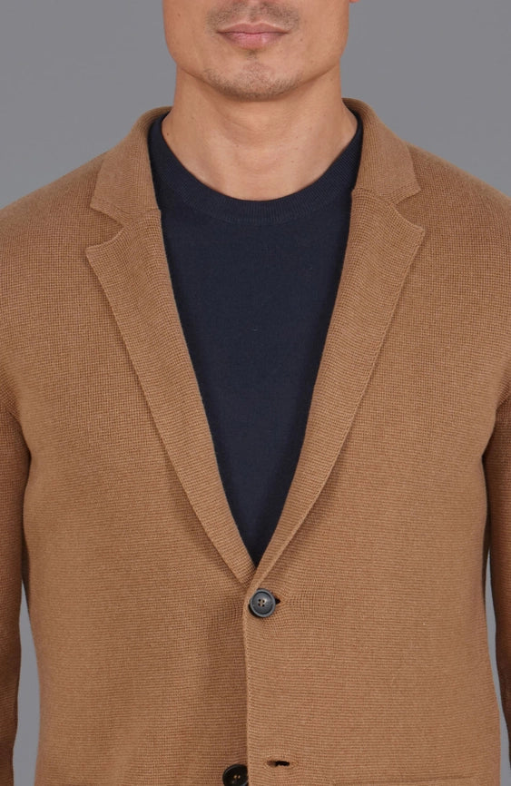 Mens Midweight Cotton Deconstructed Knitted Blazer Camel