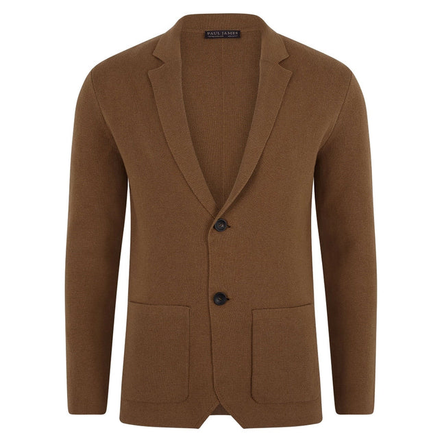 Mens Midweight Cotton Deconstructed Knitted Blazer Camel