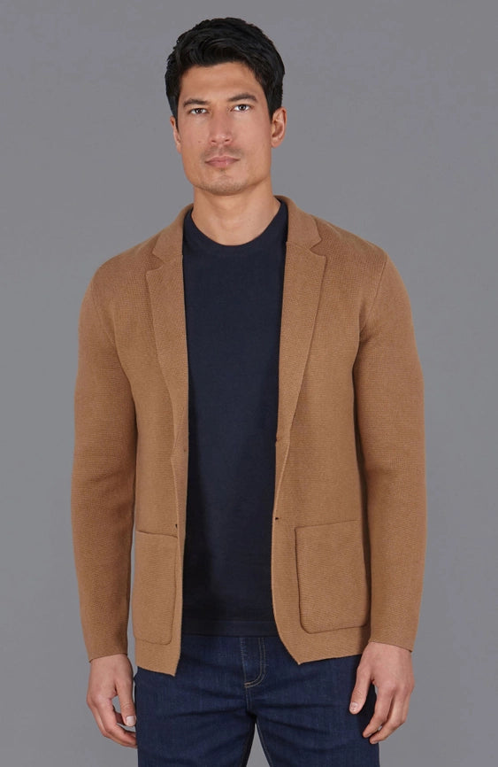 Mens Midweight Cotton Deconstructed Knitted Blazer Camel