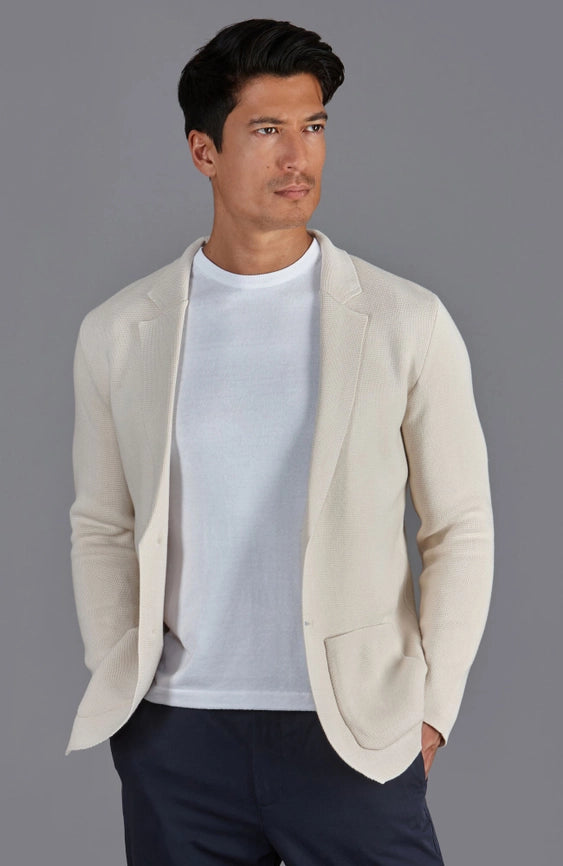 Mens Midweight Cotton Deconstructed Knitted Blazer Ecru