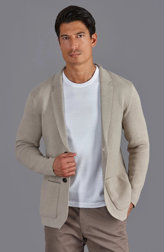 Mens Midweight Cotton Deconstructed Knitted Blazer Fawn