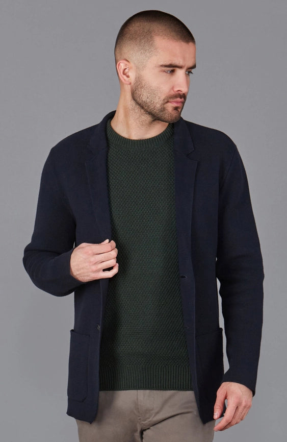 Mens Midweight Cotton Deconstructed Knitted Blazer Navy