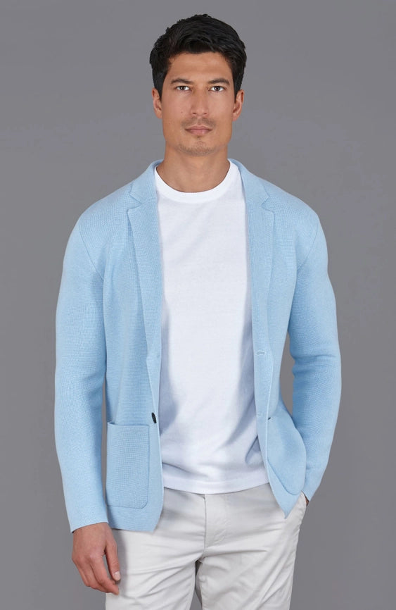 Mens Midweight Cotton Deconstructed Knitted Blazer Pale Blue