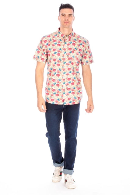 Men's Printed Woven Hawaii Floral Short Sleeve Cotton Shirt ( #45)