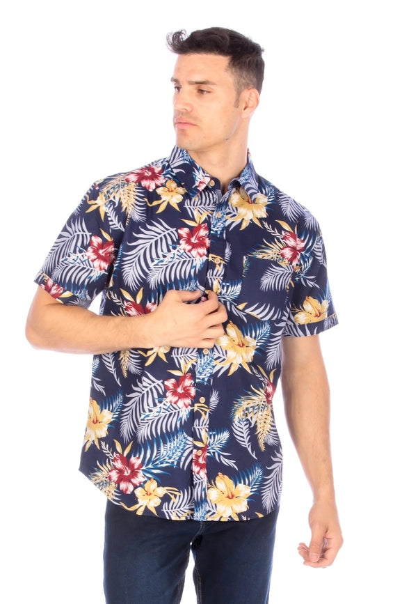 Men's Printed Woven Hawaii Floral Short Sleeve Cotton Shirt ( #53)